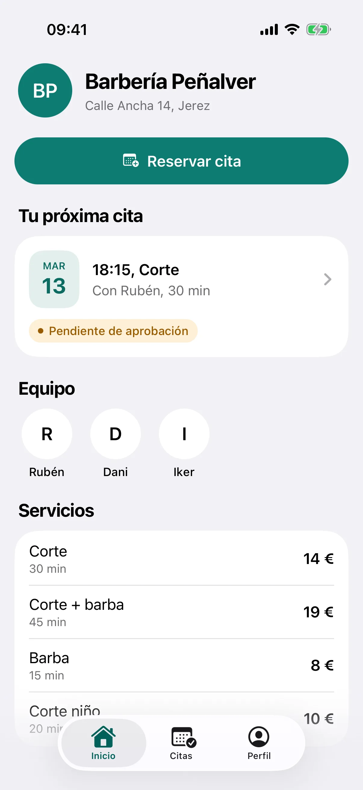 La barbería en la app del cliente, con sus barberos y servicios