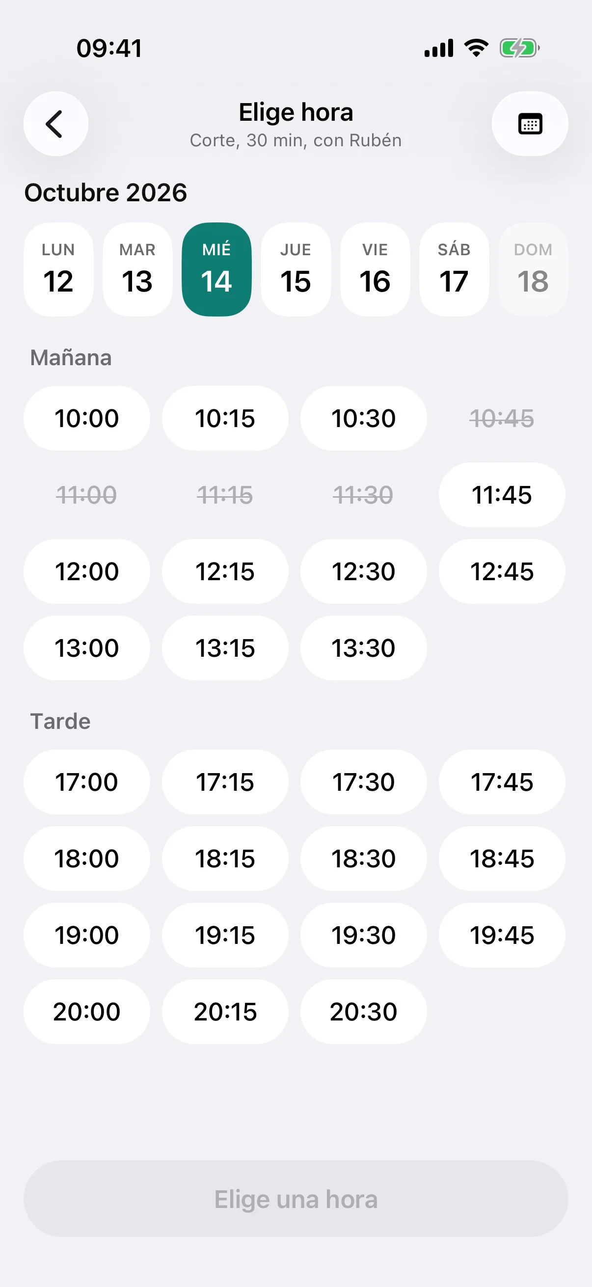 Pantalla para elegir hora, con los huecos libres del día