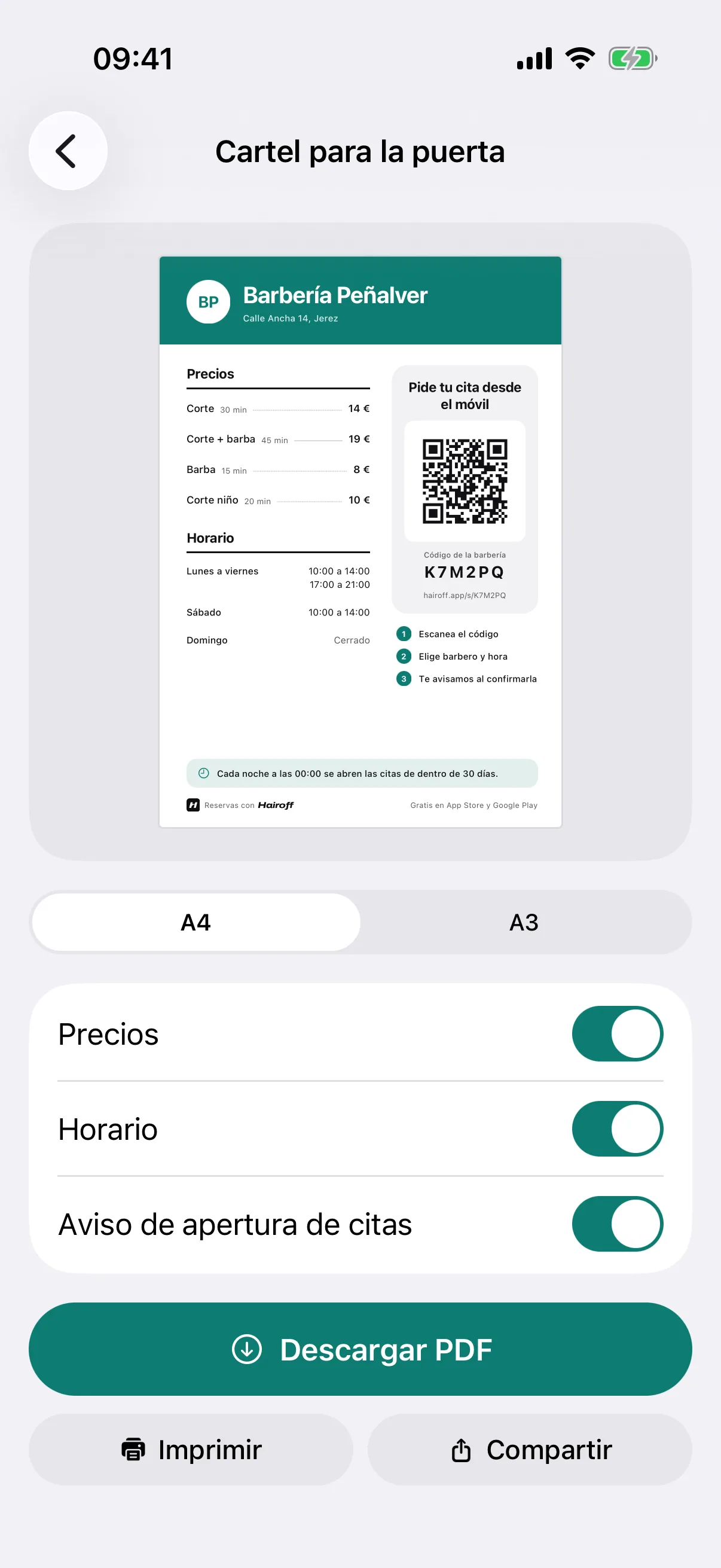 El cartel con el QR de la barbería, listo para descargar